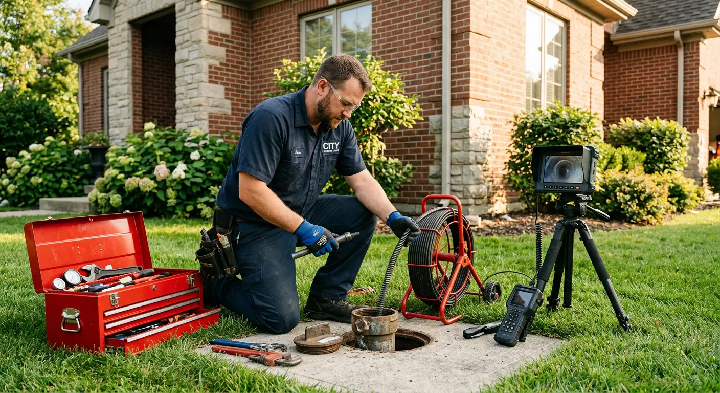 Sewer specialist with camera equipment servicing a cleanout in Park
