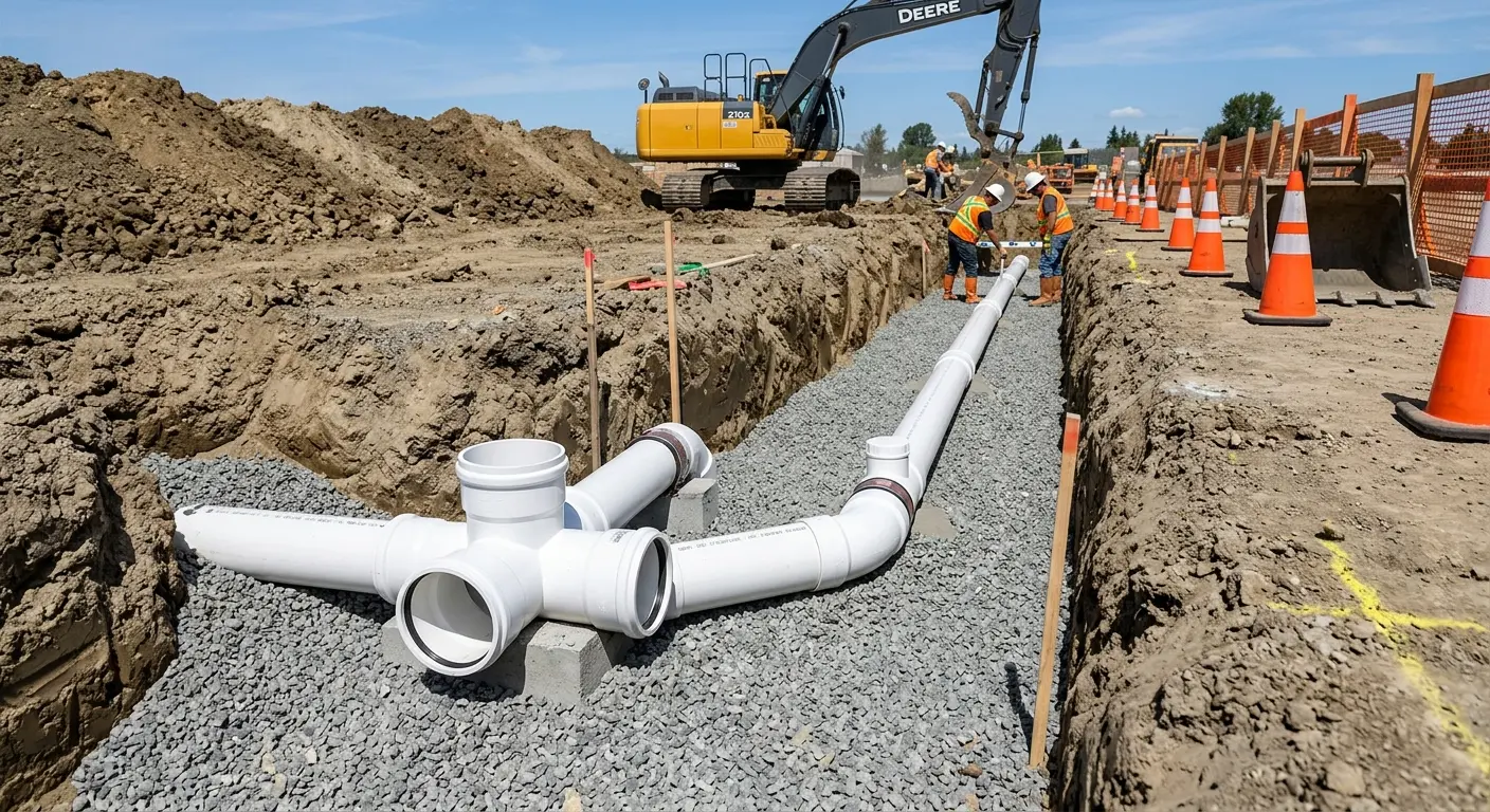 New PVC sewer pipe installation in open trench for Sewer Backup in Park